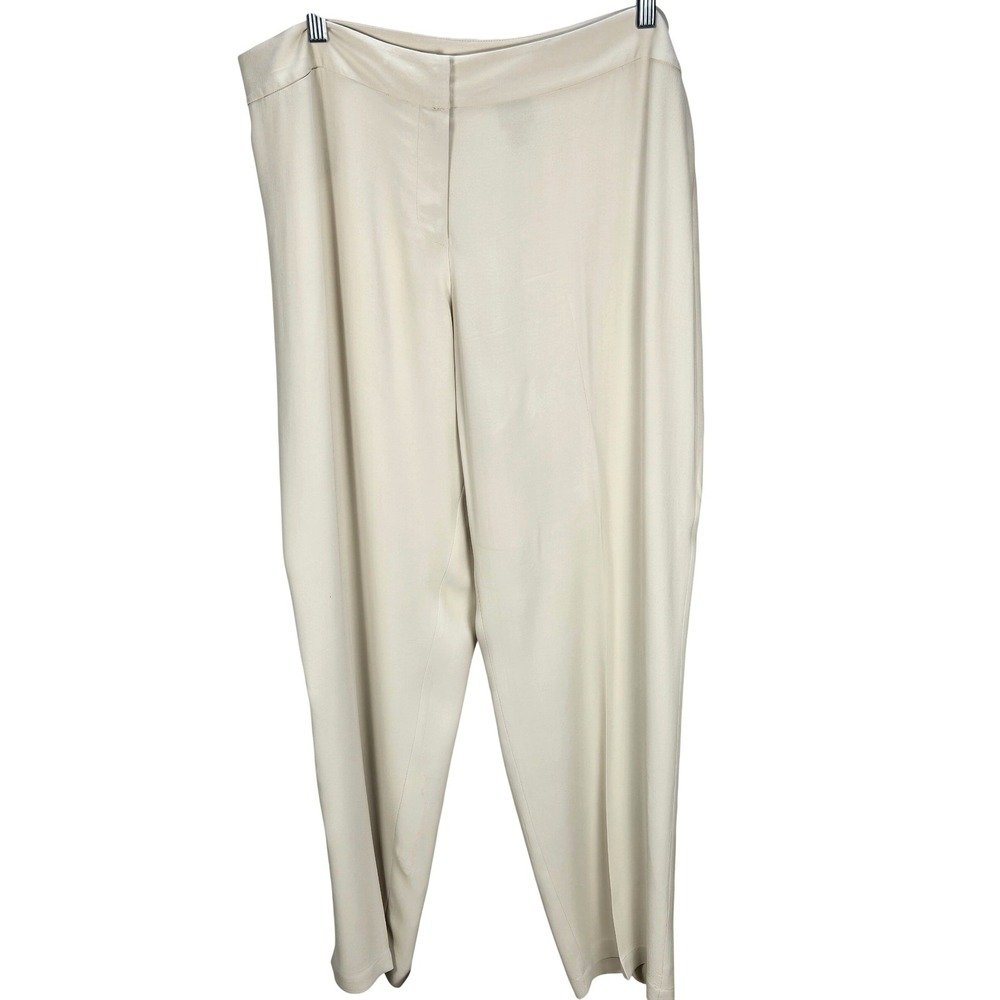 Women's Eileen Fisher Large Silk Straight Leg Trousers Beige Minimalist